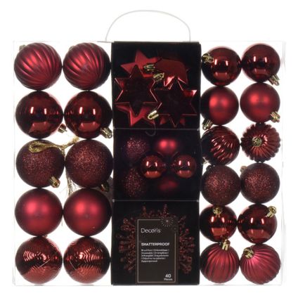 Decoris kerstballen en ornamenten - 40x - kunststof - donkerrood - mix