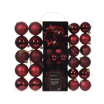 Decoris kerstballen en ornamenten - 40x - kunststof - donkerrood - mix