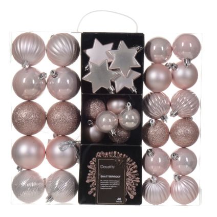 Decoris kerstballen en ornamenten - 40x - kunststof - lichtroze - mix