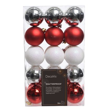Decoris kerstballen -30x rood/wit parelmoer/zilver 6cm -kunststof