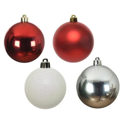 Decoris kerstballen -30x rood/wit parelmoer/zilver 6cm -kunststof 2
