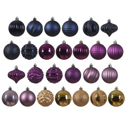 Decoris Luxe kerstballen - 30x - plastic - donkerblauw/goud/paars
