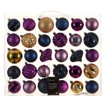 Decoris Luxe kerstballen - 30x - plastic - donkerblauw/goud/paars 2