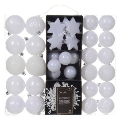 Decoris kerstballen en ornamenten - 40x - kunststof - wit - mix