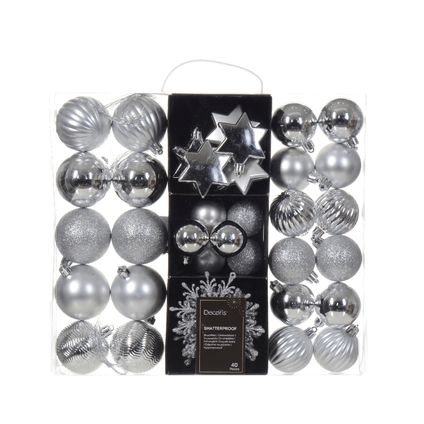 Decoris kerstballen en ornamenten - 40x - kunststof - zilver - mix