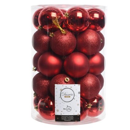 Decoris Kerstballen - 34ST - rood - kunststof - glans/mat - 8 cm