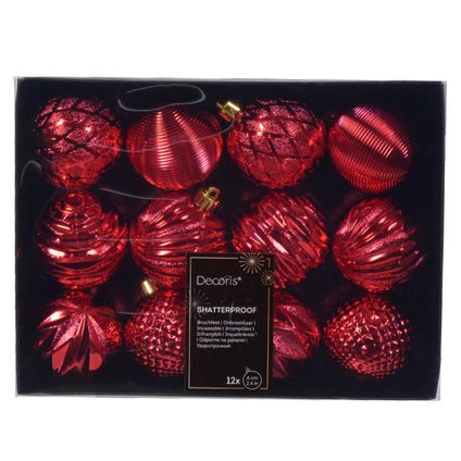 Decoris kunststof kerstballen luxe- 12x- 8 cm -rood