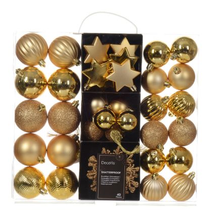 Decoris kerstballen en ornamenten - 40x - kunststof - goud - mix