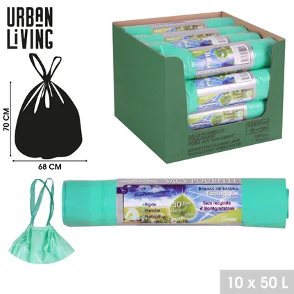 Urban Living afvalzakken/vuilniszakken eco - 10x stuks - 50 liter - trekbandsluiting 2