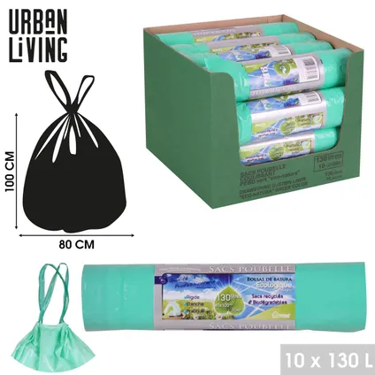 Urban Living containerzakken/vuilniszakken bio - 10x stuks - 130 liter - trekbandsluiting 2