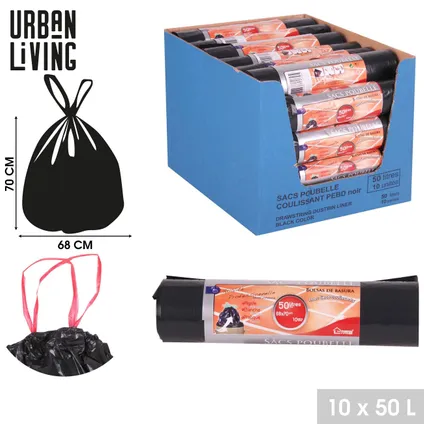 Urban Living afvalzakken/vuilniszakken - 10x stuks - 50 liter - trekbandsluiting 2