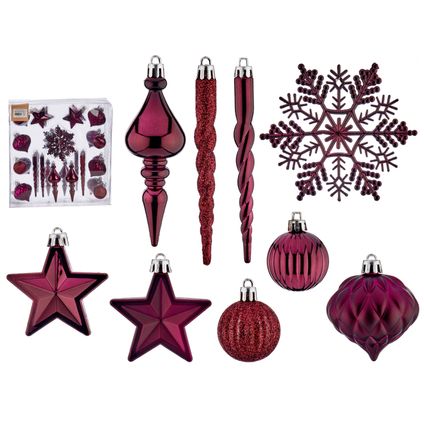 Krist+ kerstboom hangers - 32x stuks -wijn/bordeaux rood - plastic