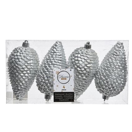 Decoris Kerstballen - dennenappels - 4 stuks - zilverkleurig - 12 cm