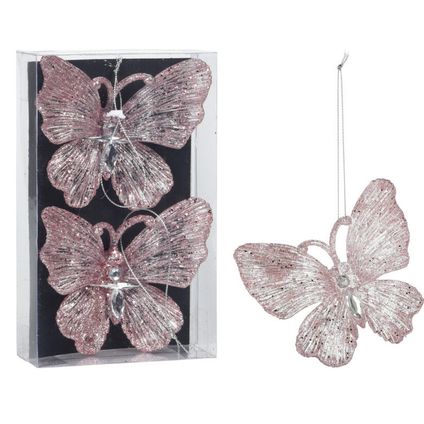 Christmas Decoration kersthangers vlinders- 2x -15 cm - roze