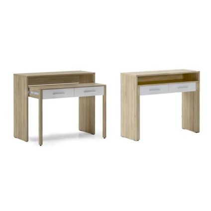 Skraut Home - Extensible Desk, Uitbreidbaar, 98.6x86.9x36-70 cm, Eik en wit, Noordse stijl