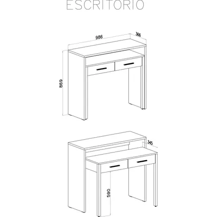 Skraut Home - Extensible Desk, Uitbreidbaar, 98.6x86.9x36-70 cm, Eik en wit, Noordse stijl 3