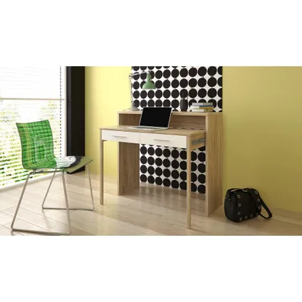 Skraut Home - Extensible Desk, Uitbreidbaar, 98.6x86.9x36-70 cm, Eik en wit, Noordse stijl 4
