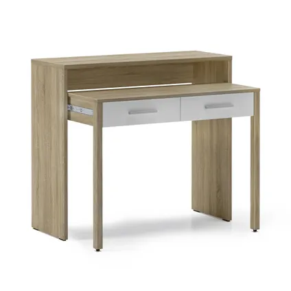 Skraut Home - Extensible Desk, Uitbreidbaar, 98.6x86.9x36-70 cm, Eik en wit, Noordse stijl 5