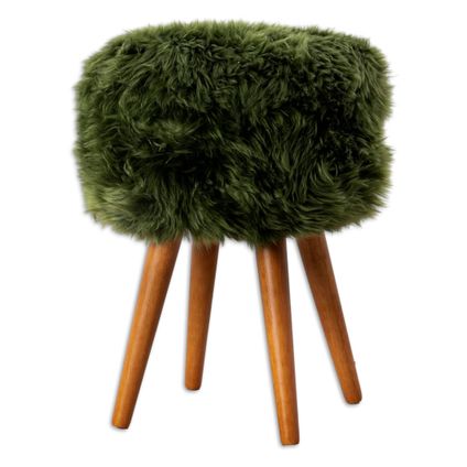 Native Natural - Tabouret sur pieds en bois teinté avec assise en peau de mouton vert olive