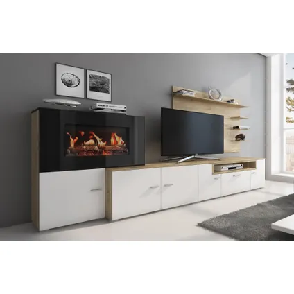 Skraut Home - Meuble de salon avec cheminée électrique, finition Blanc mat et chêne clair brossé 2