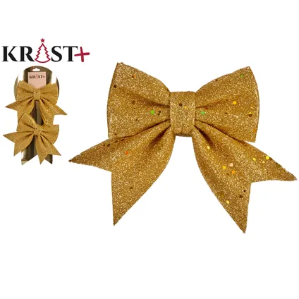 Krist+ Kersthangers - strikken - 2x ST - gouden glitters - strikjes - 14 cm 2