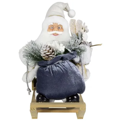 Kerstman decoratie beeld - H45 cm - wit - zittend op slee - kerstpop 2