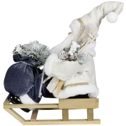 Kerstman decoratie beeld - H45 cm - wit - zittend op slee - kerstpop 3