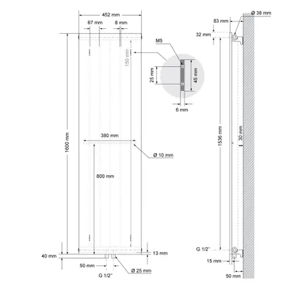 Radiateur plat moderne blanc salle de bain 452x1600 mm raccord central au sol 3