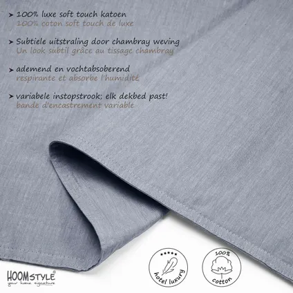 HOOMstyle Housse de Couette 100% Soft Cotton - Tissu Chambray - 1 personne 140x240cm - Bleu Denim 2