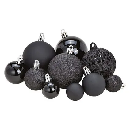 Kerstballen - 50 stuks - zwart - kunststof - glans-mat-glitter - 3-4-6 2