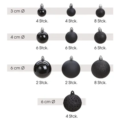 Kerstballen - 50 stuks - zwart - kunststof - glans-mat-glitter - 3-4-6 3