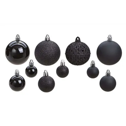 Kerstballen - 50 stuks - zwart - kunststof - glans-mat-glitter - 3-4-6 4