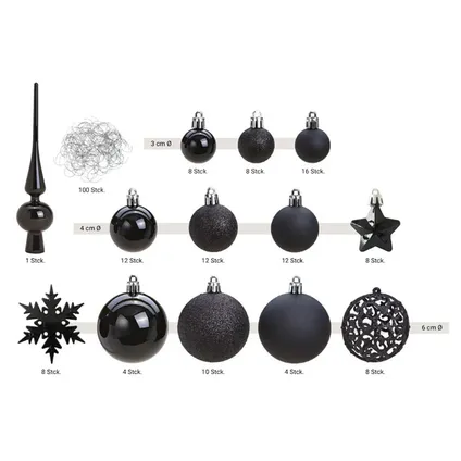 Kerstballen - 110x stuks - met piek - zwart - kunststof - 3-6 cm 2