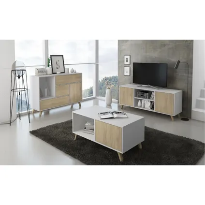 Ensemble de meubles, Skraut Home, modèle Wind, buffet-meuble tv-Table basse, Blanc-Chêne 2