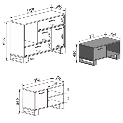 Skraut Home - Furniture Set, Loft -model, 120x40x86, 91.5x50x45, 950x40x57cm, Rustieke eik 2