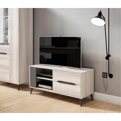 Skraut Home - TV-meubel 110, 2 laden + 1 deur, Model KAI, kleur Eik, Grijs. 2
