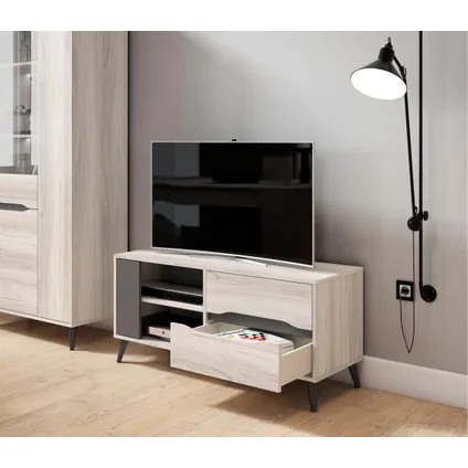 Skraut Home - TV-meubel 110, 2 laden + 1 deur, Model KAI, kleur Eik, Grijs. 4