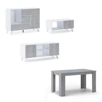 Ensemble de meubles, Skraut Home, modèle Wind, Buffet-Meuble TV-Table centrale-Table, Blanc-Ciment