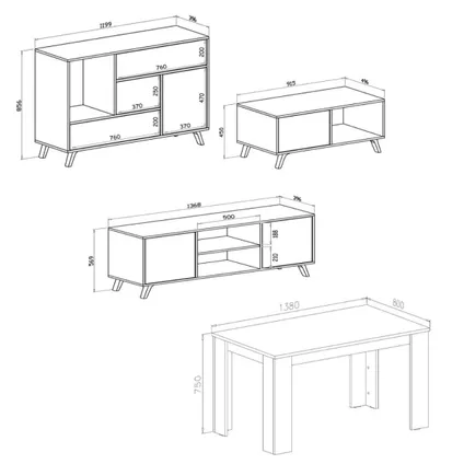 Ensemble de meubles, Skraut Home, modèle Wind, Buffet-Meuble TV-Table centrale-Table, Blanc-Ciment 2