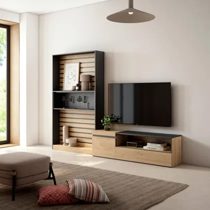 Skraut Home - Ensemble Meuble TV, 260x186x35cm, Pour les TV jusqu'à 65", Chêne et noir 2