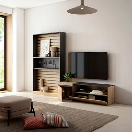 Skraut Home - Meubels voor woonkamer, 260x186x35cm, Voor tv's tot 65", Eiken/Zwart 4