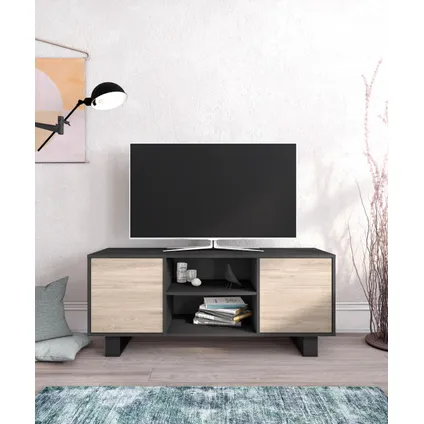 Meuble TV, Skraut Home, modèle WIND,137x40x57cm, Gris Anthracite-Chêne. 2