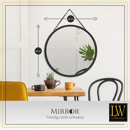 LW Collection Miroir mural avec corde noir rond 50x50 cm en métal 3