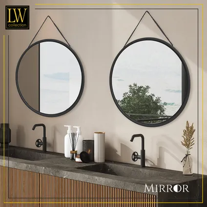 LW Collection Miroir mural avec corde noir rond 50x50 cm en métal 7