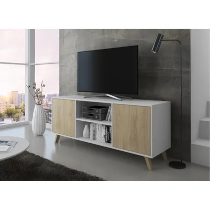 Skraut Home - Televisiemeubels, Windmodel, 137x40x57cm, Wit en eiken, Moderne stijl 2