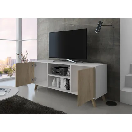 Skraut Home - Televisiemeubels, Windmodel, 137x40x57cm, Wit en eiken, Moderne stijl 4