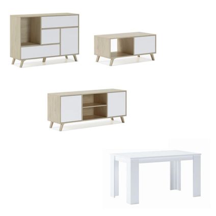 Ensemble de meubles, Skraut Home, modèle Wind, Buffet- meuble TV- table basse- table couleur Chêne-Blanc