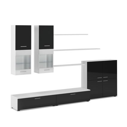 Skraut Home - Mural TV Furniture, 300x189x42 cm, LED-verlichtingssysteem, Black Shine, Matt White