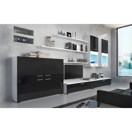 Skraut Home - Mural TV Furniture, 300x189x42 cm, LED-verlichtingssysteem, Black Shine, Matt White 2