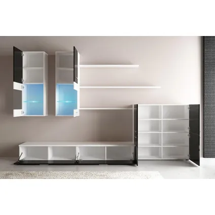 Skraut Home - Mural TV Furniture, 300x189x42 cm, LED-verlichtingssysteem, Black Shine, Matt White 4